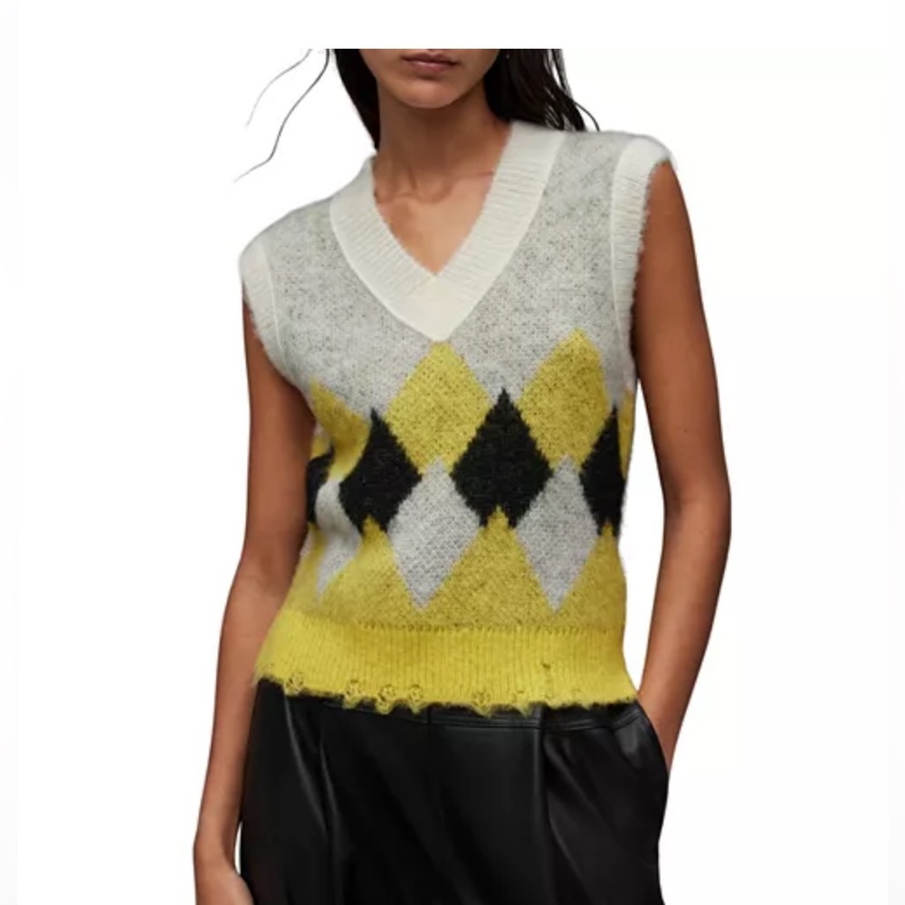 AllSaints Women's Argyle Sweater Vest - Yellow and Black